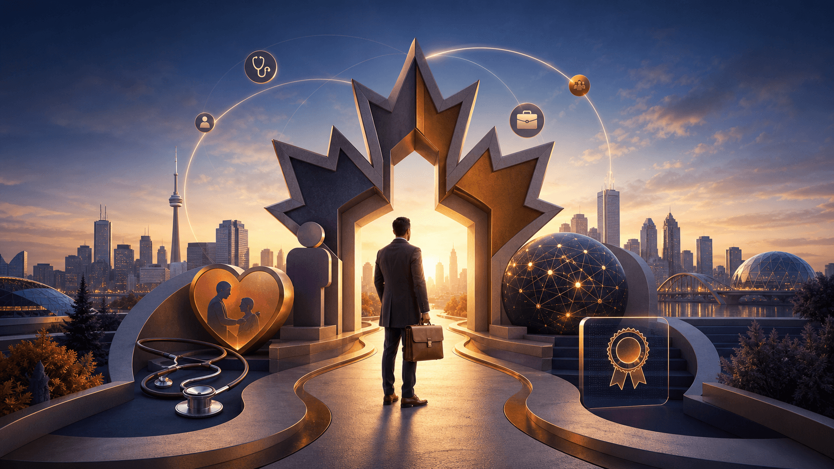Canadian career skyline combining healthcare, technology, and professional opportunity