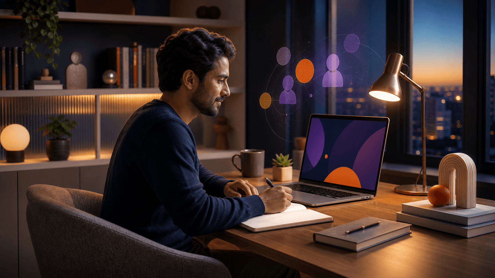 Working professional completing an online course from a comfortable home workspace