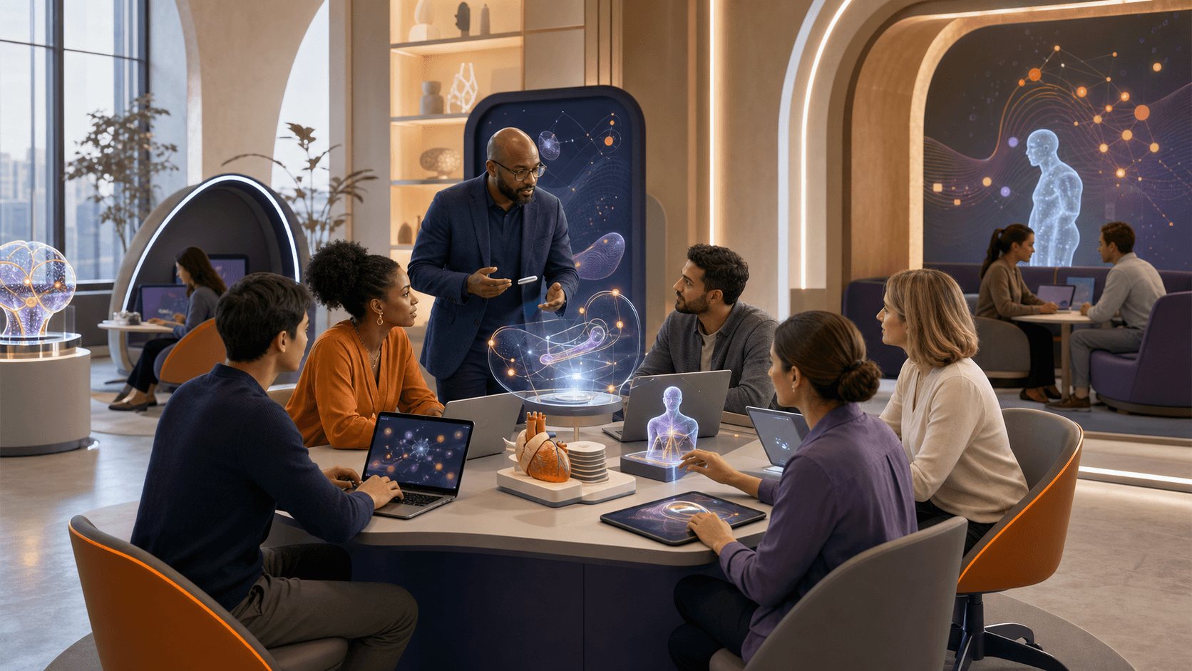 Adult learners collaborating in a modern artificial intelligence and technology lab