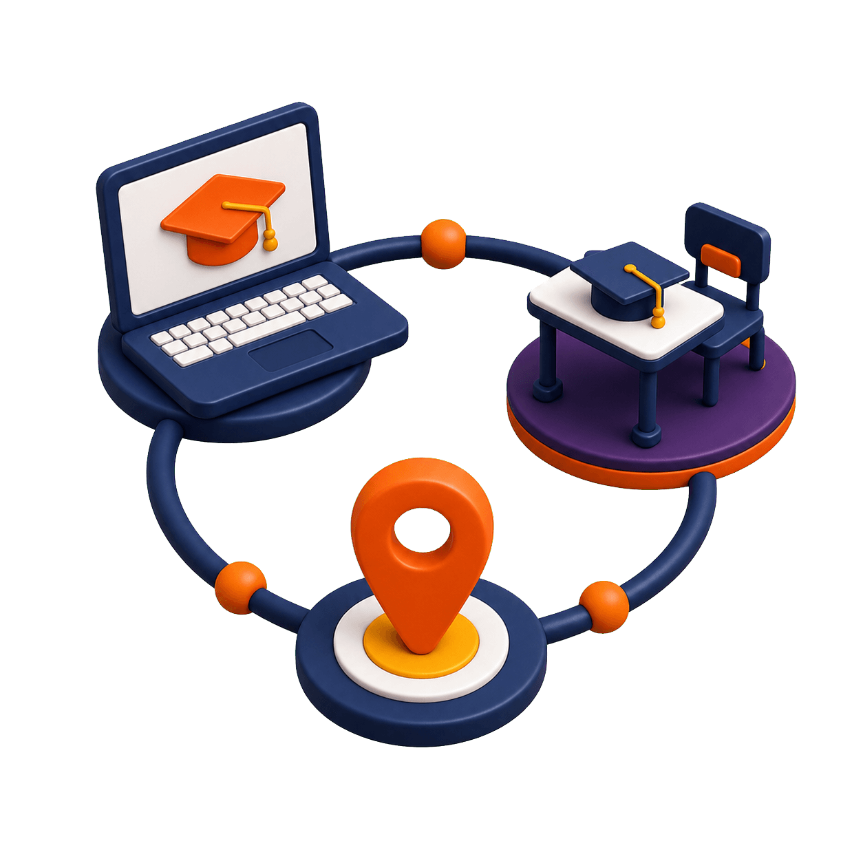 Connected laptop, classroom desk, and location marker representing flexible learning options