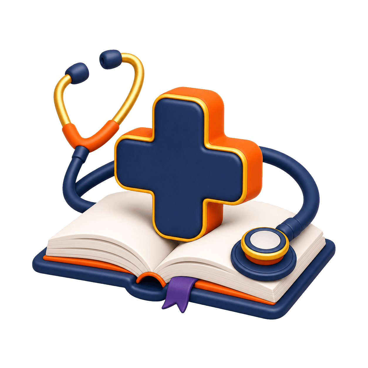 Medical cross, stethoscope, and open book representing healthcare education